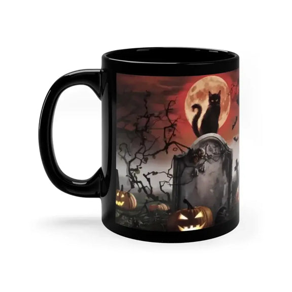 Personalized black cat Halloween coffee mug with moonlit scene, pumpkins, and spooky design, ideal for cat lovers.