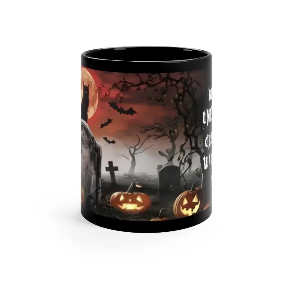 Personalized black cat Halloween coffee mug with moonlit scene and glowing pumpkins. Perfect for cat lovers.