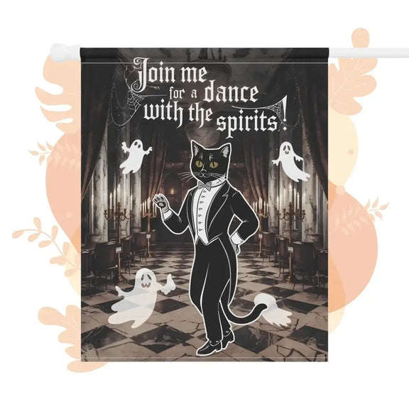 Decorative garden flag with a tuxedo-clad black cat, surrounded by playful ghosts and elegant decor, inviting to a mystical dance event.