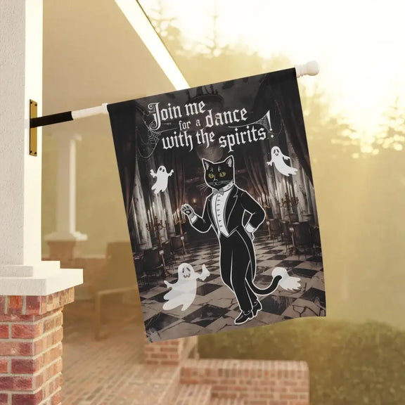 "Dance with the Spirits garden flag featuring tuxedo cat and friendly ghosts, perfect for Halloween decor."