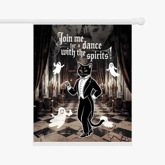 Elegant black cat in tuxedo dances with friendly spirits on a Halloween garden flag in a grand hall setting.