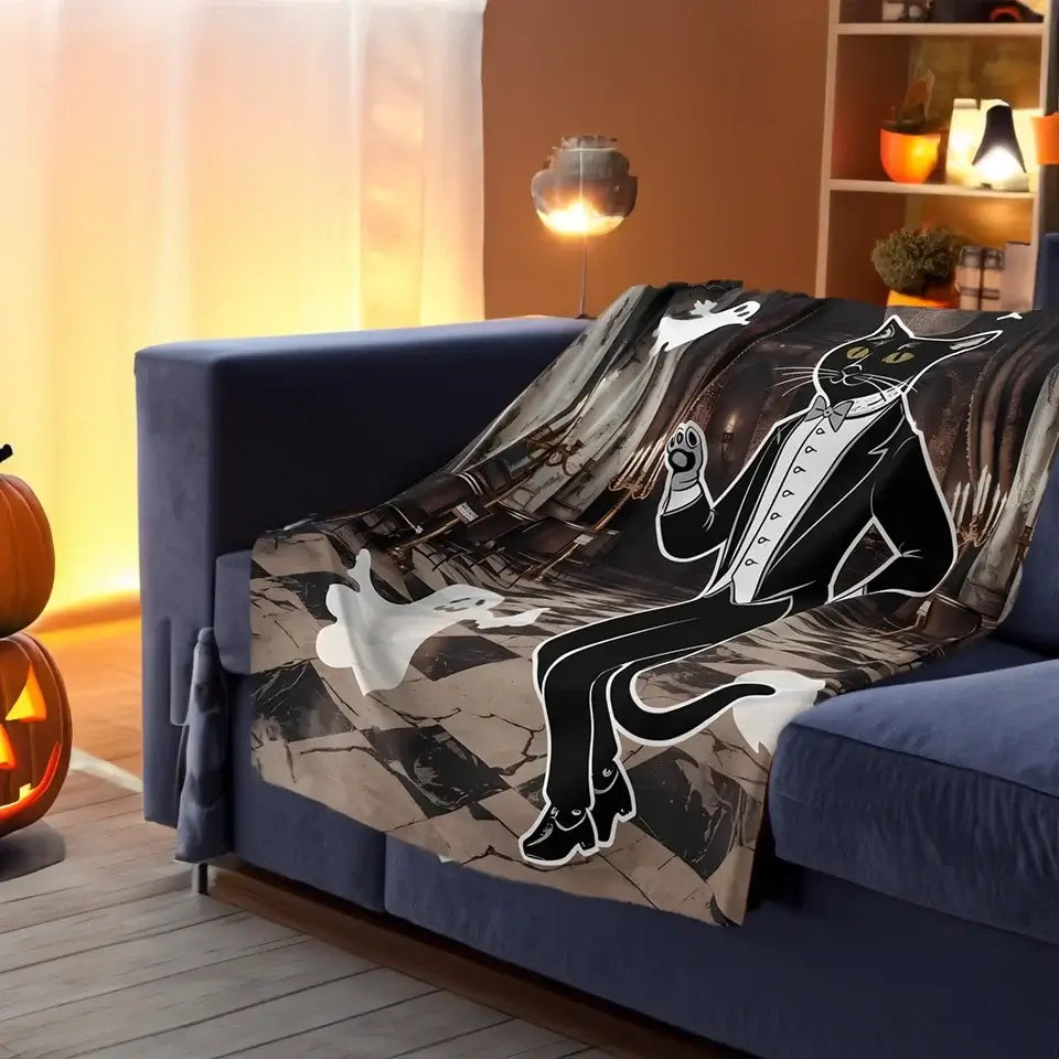 Sherpa fleece blanket with whimsical black cat and spirits design draped over a couch, creating a cozy and mystical atmosphere