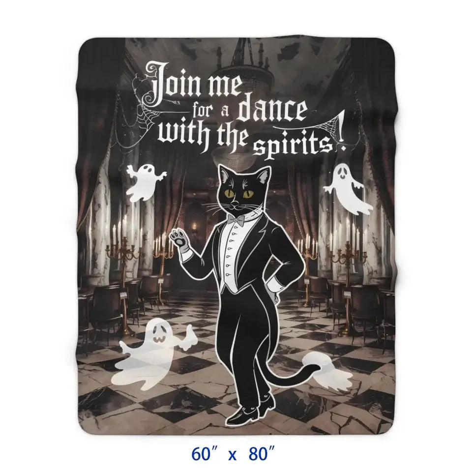 Dance with the Spirits Sherpa Fleece Blanket featuring a dapper black cat and friendly ghosts in a mystical ballroom setting