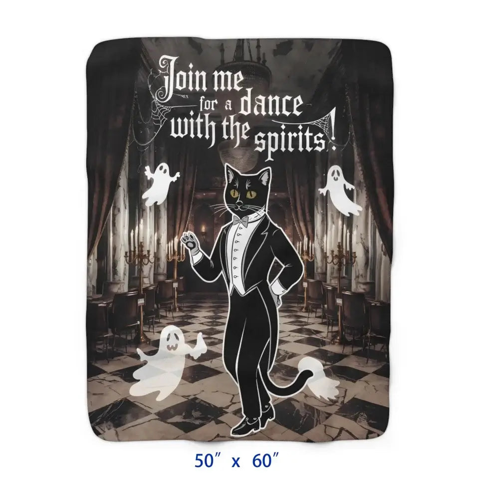 "Dance with the Spirits Sherpa Fleece Blanket with whimsical black cat and friendly spirits design, 50x60 inches, ultra-soft and cozy"