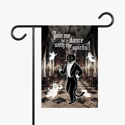 "Dance with the Spirits garden flag featuring a tuxedo-clad black cat and friendly ghosts, perfect for enchanting Halloween decor."