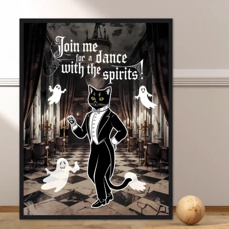 "Dance with the Spirits framed poster featuring a tuxedo-clad black cat with friendly ghosts in an elegant ballroom setting"