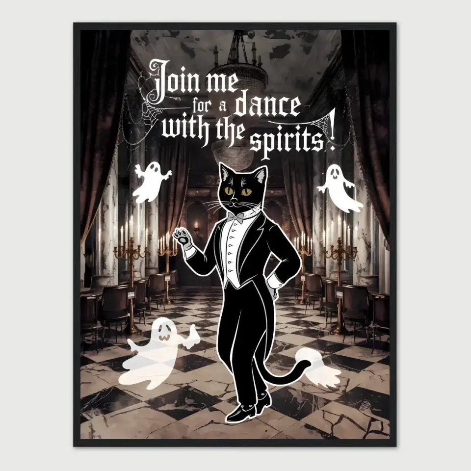 Halloween framed poster featuring a black cat in tuxedo dancing with friendly ghosts in a mystical ballroom.