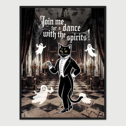 Halloween framed poster featuring a black cat in tuxedo dancing with friendly ghosts in a mystical ballroom.