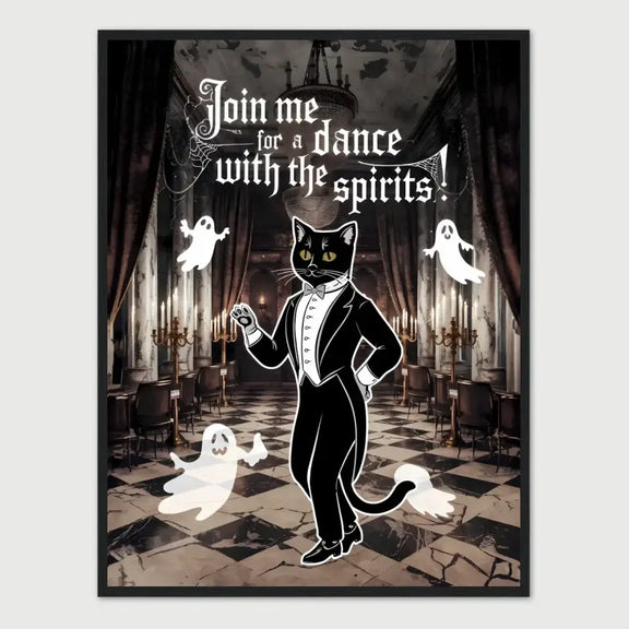 Halloween framed poster featuring a black cat in tuxedo dancing with friendly ghosts in a mystical ballroom.