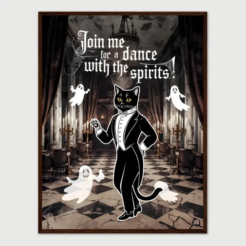 Black cat in tuxedo with ghosts in elegant ballroom, Halloween themed framed poster "Dance with the Spirits" art print.