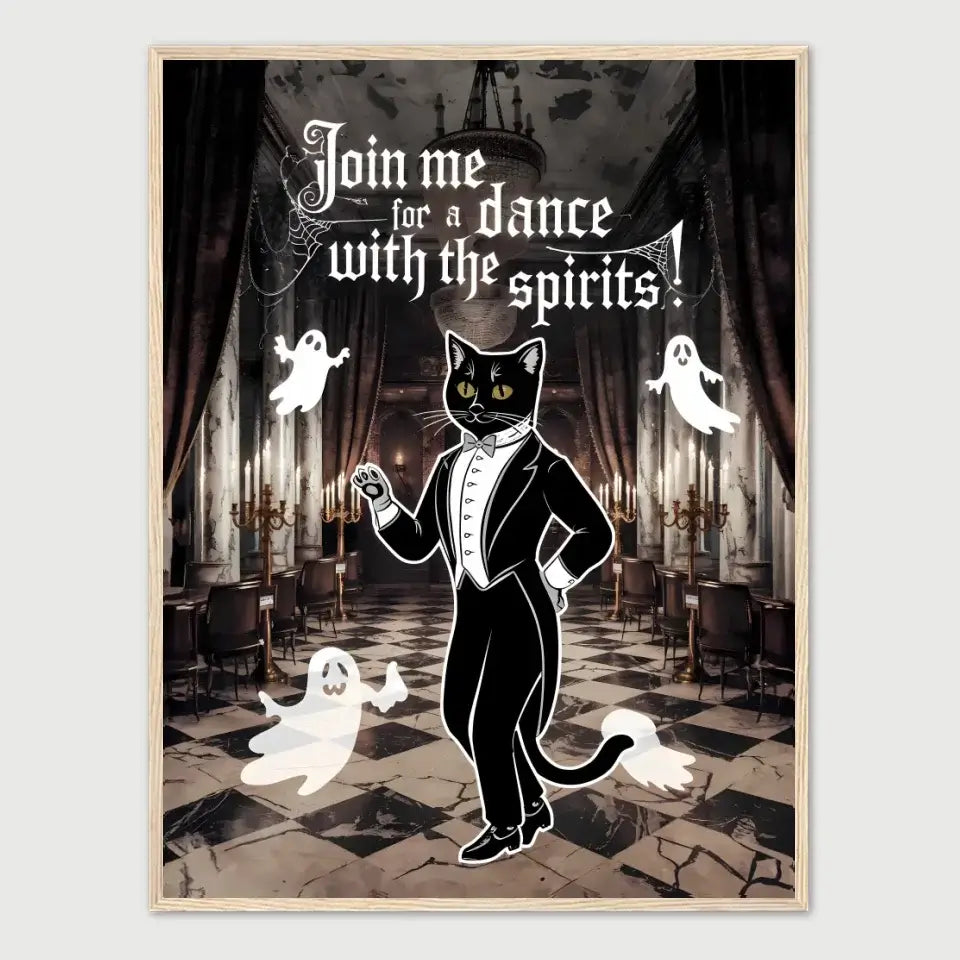 "Dance with the Spirits framed poster featuring a tuxedo-clad black cat in a ballroom with friendly ghosts, perfect for Halloween decor."