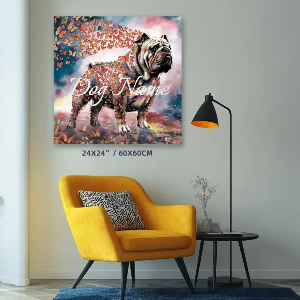 English Bulldog watercolor wall art with butterflies, from the "Wings of Life Series," enhancing living room decor.