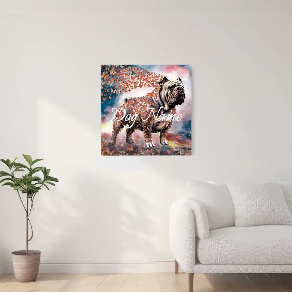 English Bulldog watercolor wall art with butterflies in living room decor.