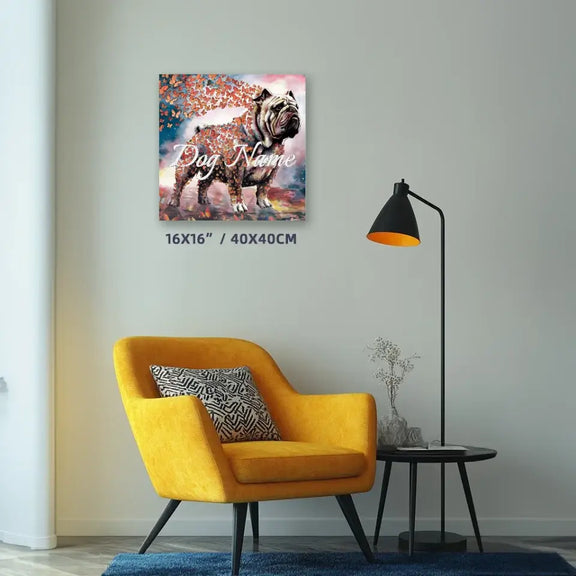 English Bulldog watercolor wall art with butterflies, "Wings of Life Series," displayed in modern living room.