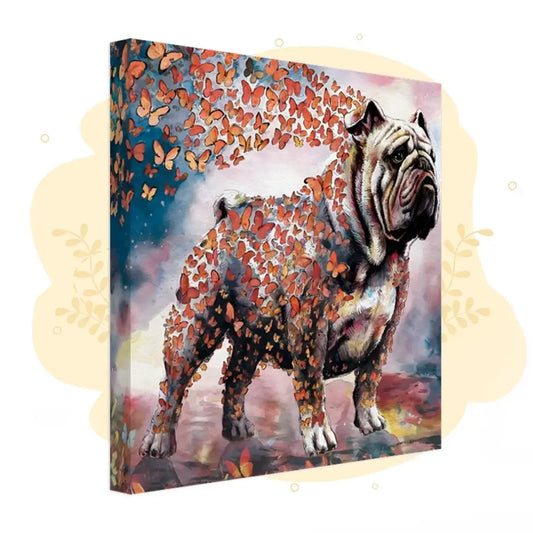 English Bulldog watercolor art with butterflies, vibrant home decor from Wings of Life Series.