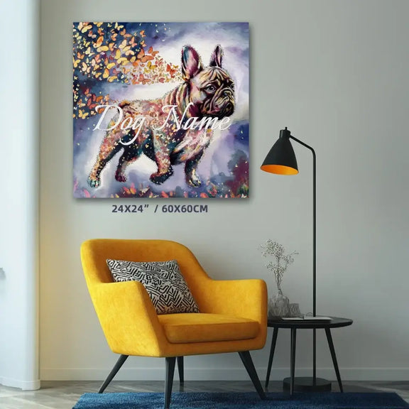 French Bulldog watercolor canvas art with butterflies, personalized with dog name, displayed in modern living room setting.