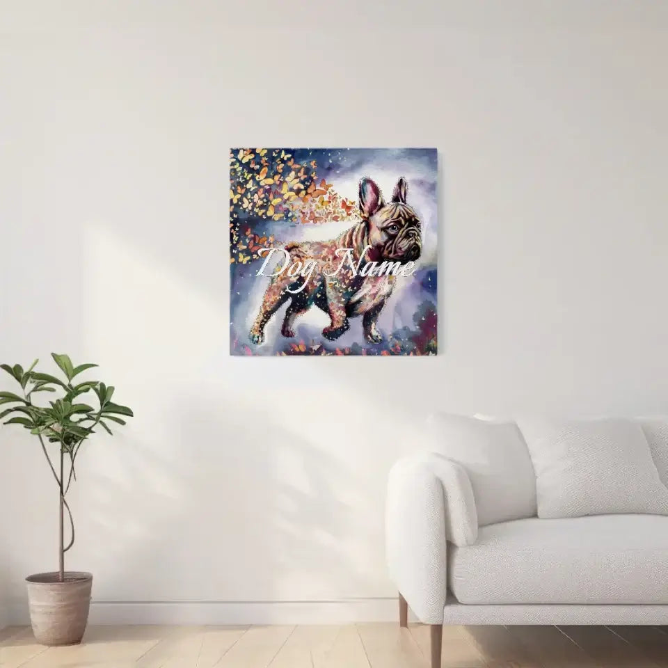 French Bulldog watercolor canvas art with butterflies in modern living room, customizable with dog's name.