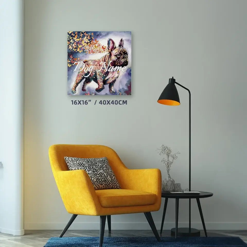 French Bulldog watercolor canvas art with butterflies, personalized with dog's name, displayed in modern living room.