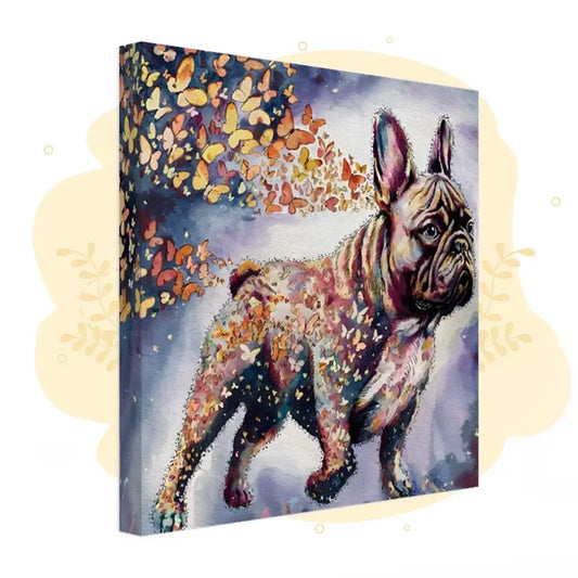 French Bulldog watercolor canvas art with butterflies, part of Wings of Life Series, perfect for pet lovers' home decor.