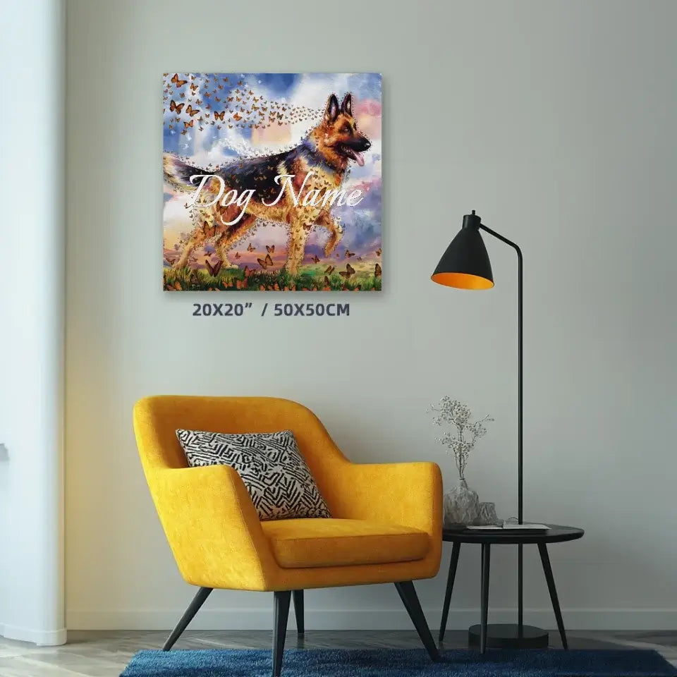 German Shepherd watercolor art print with butterflies, displayed on a wall above a yellow chair, customizable with pet name.