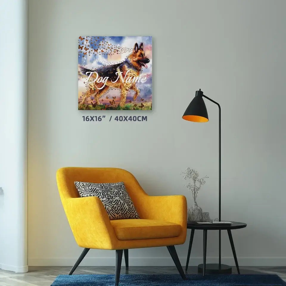 German Shepherd watercolor art print with butterflies in modern living room setting, featuring customizable pet name.