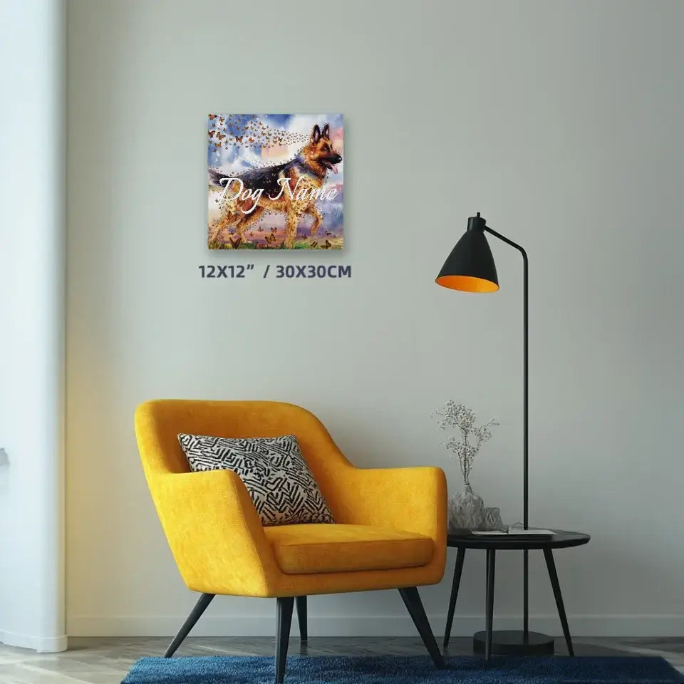 German Shepherd watercolor art print with butterflies, displayed in a modern living room with a yellow chair and floor lamp.