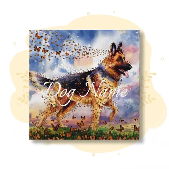 German Shepherd watercolor art with butterflies from the "Wings of Life Series," capturing strength and gentleness.