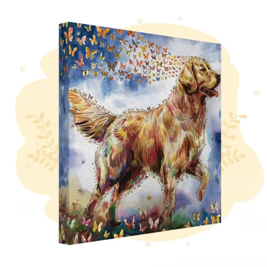 Golden Retriever memorial watercolor canvas with butterflies symbolizing life transformation, part of "Wings of Life Series."