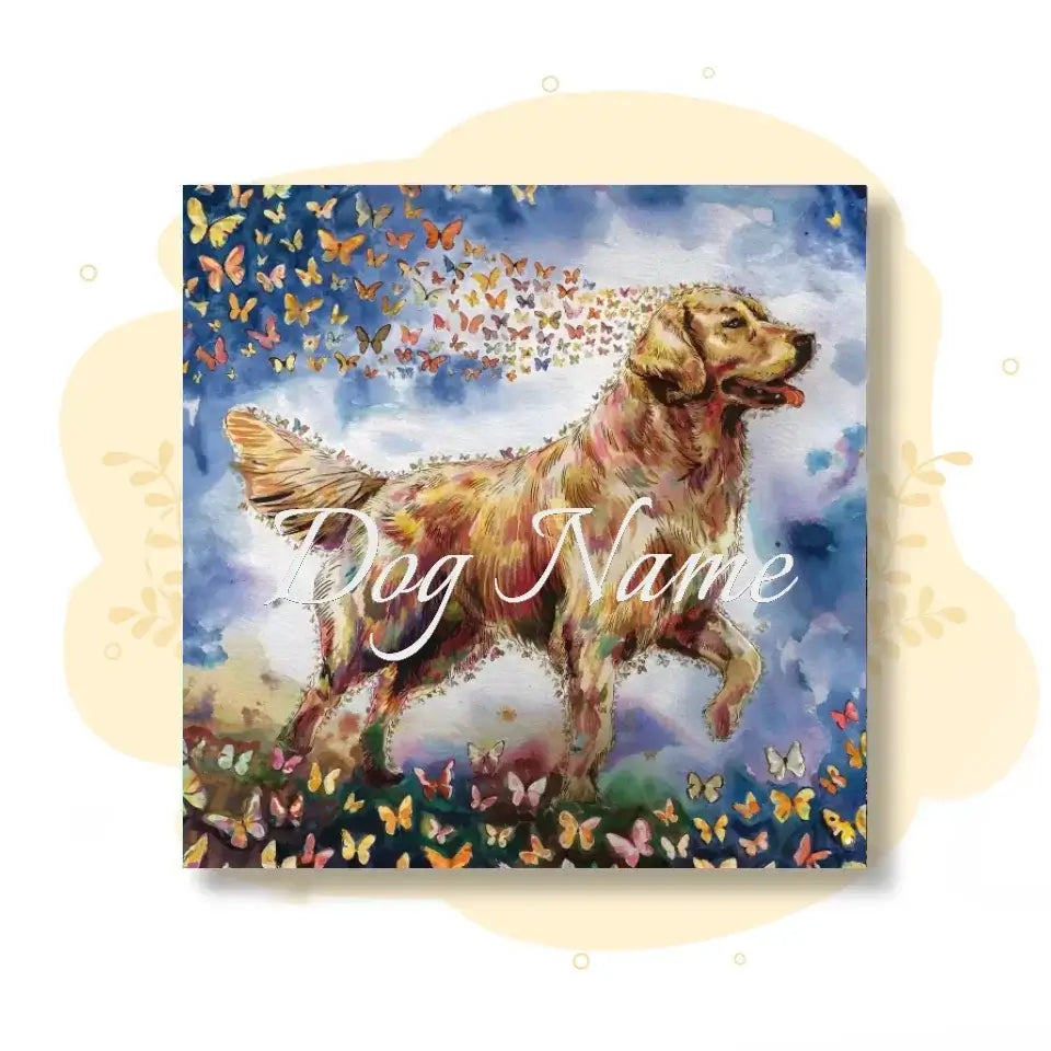 Golden Retriever watercolor memorial canvas with butterflies, symbolizing love and remembrance for a lost pet.