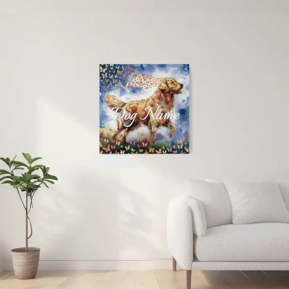 Golden Retriever watercolor canvas memorial gift featuring butterflies, symbolizing remembrance and transformation in a living room setting.