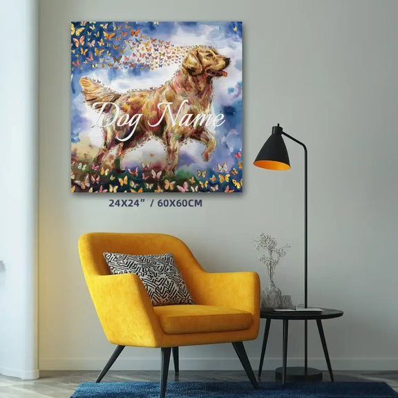 Golden Retriever watercolor canvas with butterflies, symbolizing life and remembrance, from Wings of Life Series for pet memorial gifts.