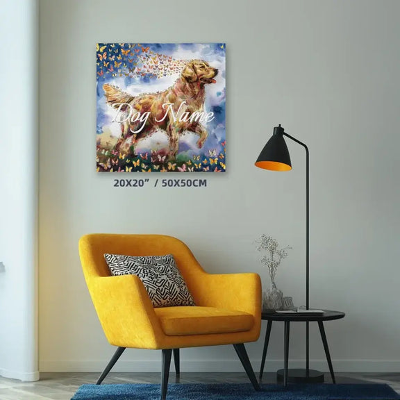 Golden Retriever memorial watercolor canvas with butterflies, featuring a customizable dog name in a peaceful living room setting.