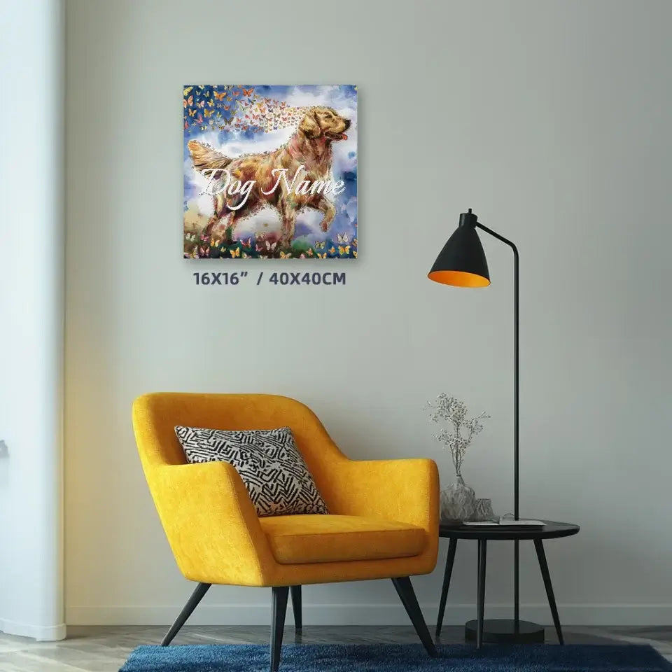 Golden Retriever memorial watercolor canvas with butterflies, from the Wings of Life Series, displayed in a cozy room setting.