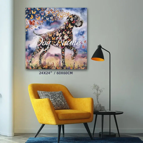 Great Dane watercolor canvas with butterflies on wall, personalized remembrance gift, 24x24 inch home decor.