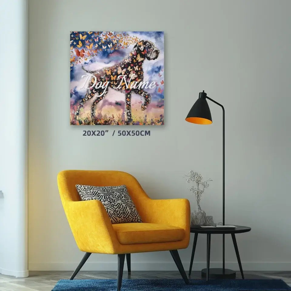 Great Dane watercolor remembrance canvas with butterflies, personalized design, 20x20 inches, displayed in living room setting.