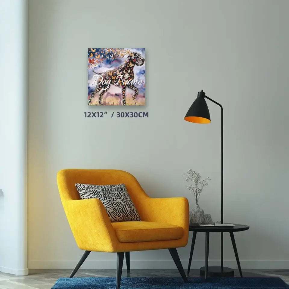 Great Dane watercolor canvas with butterflies as remembrance gift, displayed in modern living room with yellow chair and floor lamp.