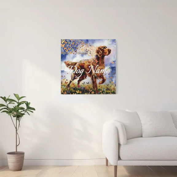 Irish Setter watercolor portrait on canvas with butterflies, home decor art from the Wings of Life Series, displayed above a sofa.