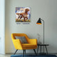 Irish Setter watercolor portrait canvas in living room setting with yellow chair and modern decor.