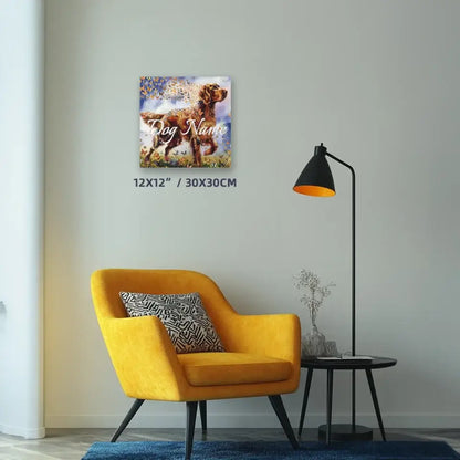 Irish Setter watercolor canvas with butterflies, vibrant colors, and elegant brushstrokes on living room wall above yellow chair.