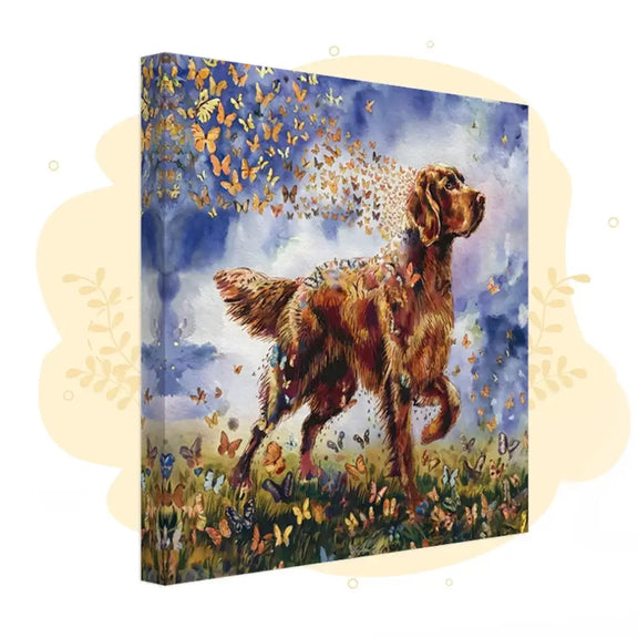 Irish Setter dog watercolor canvas with butterflies from Wings of Life Series, showcasing vibrant colors and energetic elegance.