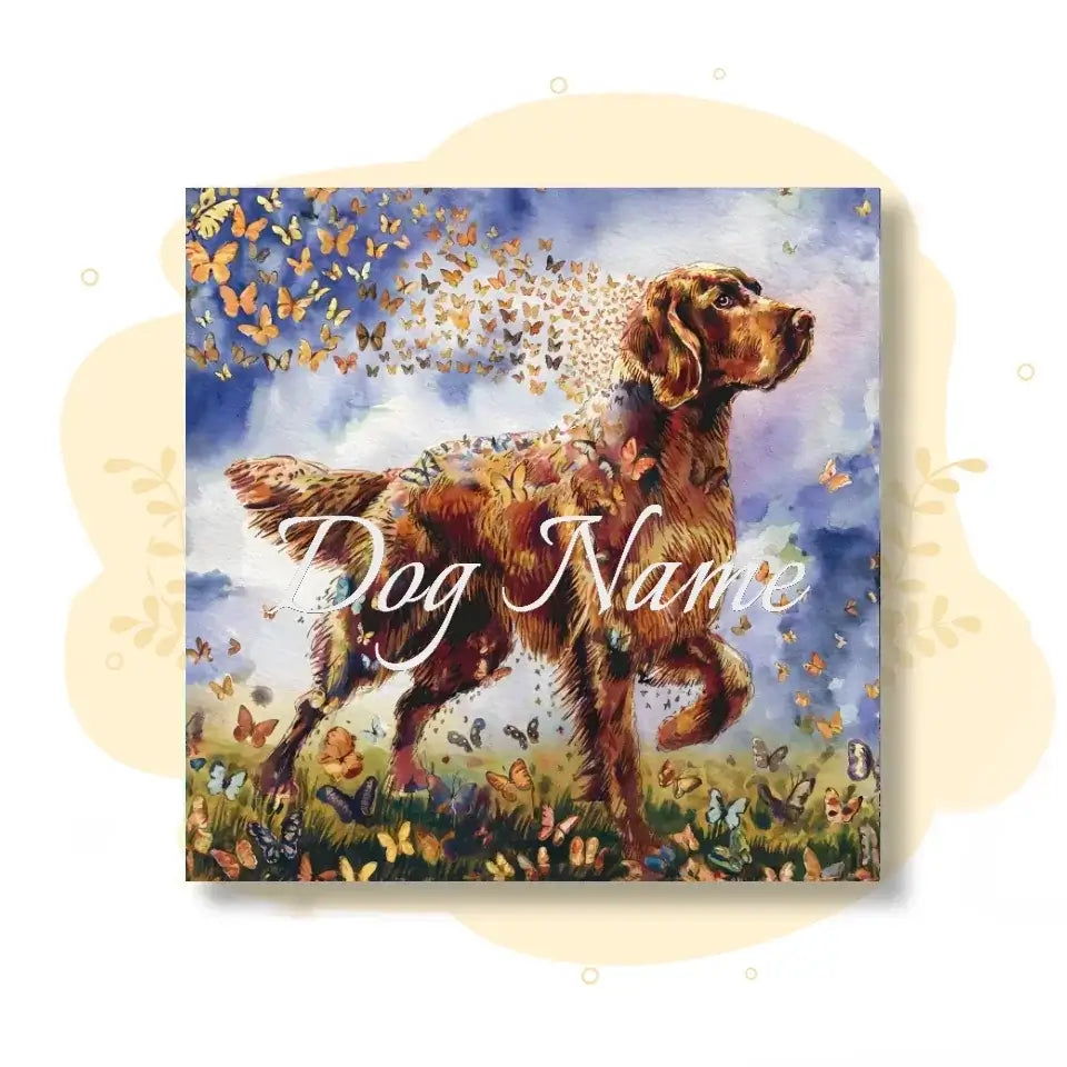 Irish Setter watercolor portrait with butterflies, showcasing vibrant colors and elegance of the breed on canvas painting.