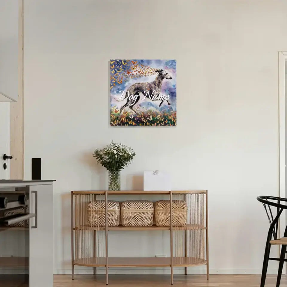 Italian Greyhound watercolor canvas with butterflies on wall in modern living room setting.