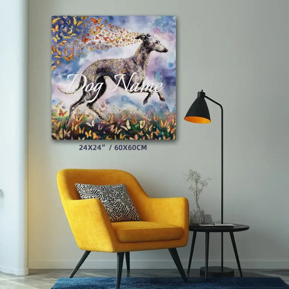 Italian Greyhound watercolor canvas with butterflies, from Wings of Life Series, enhancing home decor with warmth and elegance.