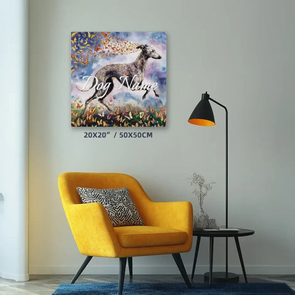 Italian Greyhound watercolor portrait with butterflies on a canvas in a modern living room setting.