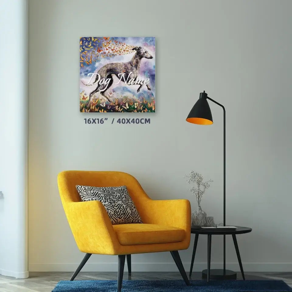 Italian Greyhound watercolor canvas with butterflies from Wings of Life Series displayed on a living room wall above a yellow chair.