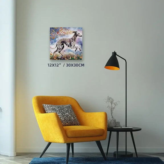 Italian Greyhound watercolor portrait on canvas with butterflies, displayed in modern living room setting.