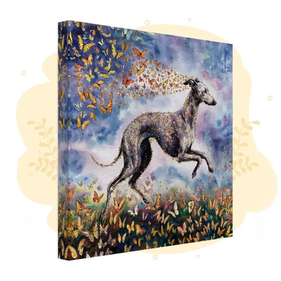 Italian Greyhound watercolor canvas with butterflies, showcasing elegance and agility in artful brushstrokes, ideal for home decor.