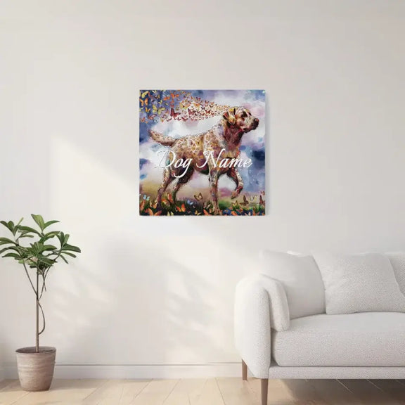 Labrador Retriever watercolor painting with butterflies, capturing pet loyalty and charm, displayed on a modern living room wall.