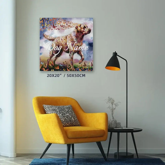 Labrador Retriever watercolor painting with butterflies, personalized pet art on display above yellow chair in modern room.