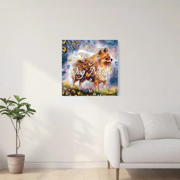 Pomeranian watercolor painting with butterflies on canvas in a living room setting, part of the "Wings of Life Series."